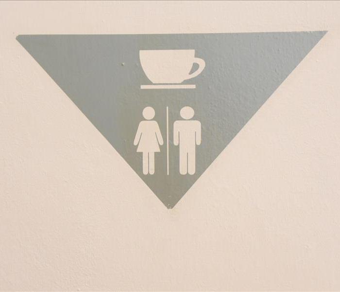 A bathroom sign with male, female, and coffee icons on it.